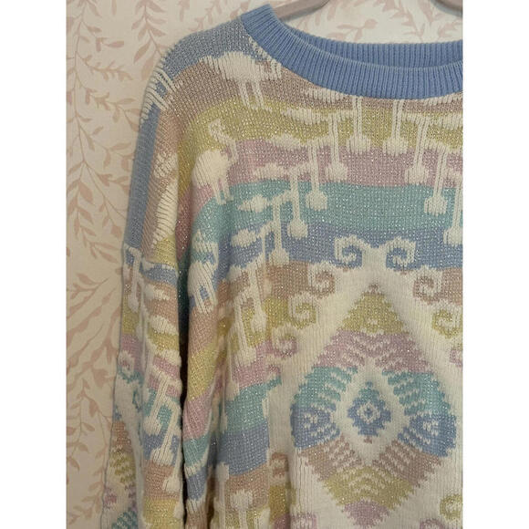 80's Vintage Pastel Geometric Lurex Rainbow Knit Sweater - Picture 3 of 9